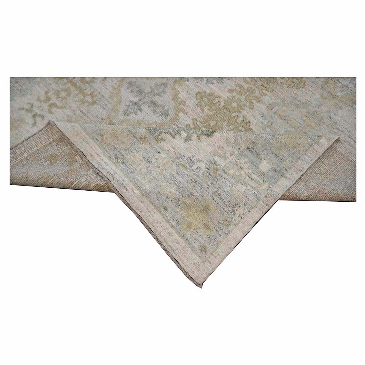21st Century Turkish Oushak Wool 9X13 Ivory, Teal & Gold Handmade Area Rug #1144087