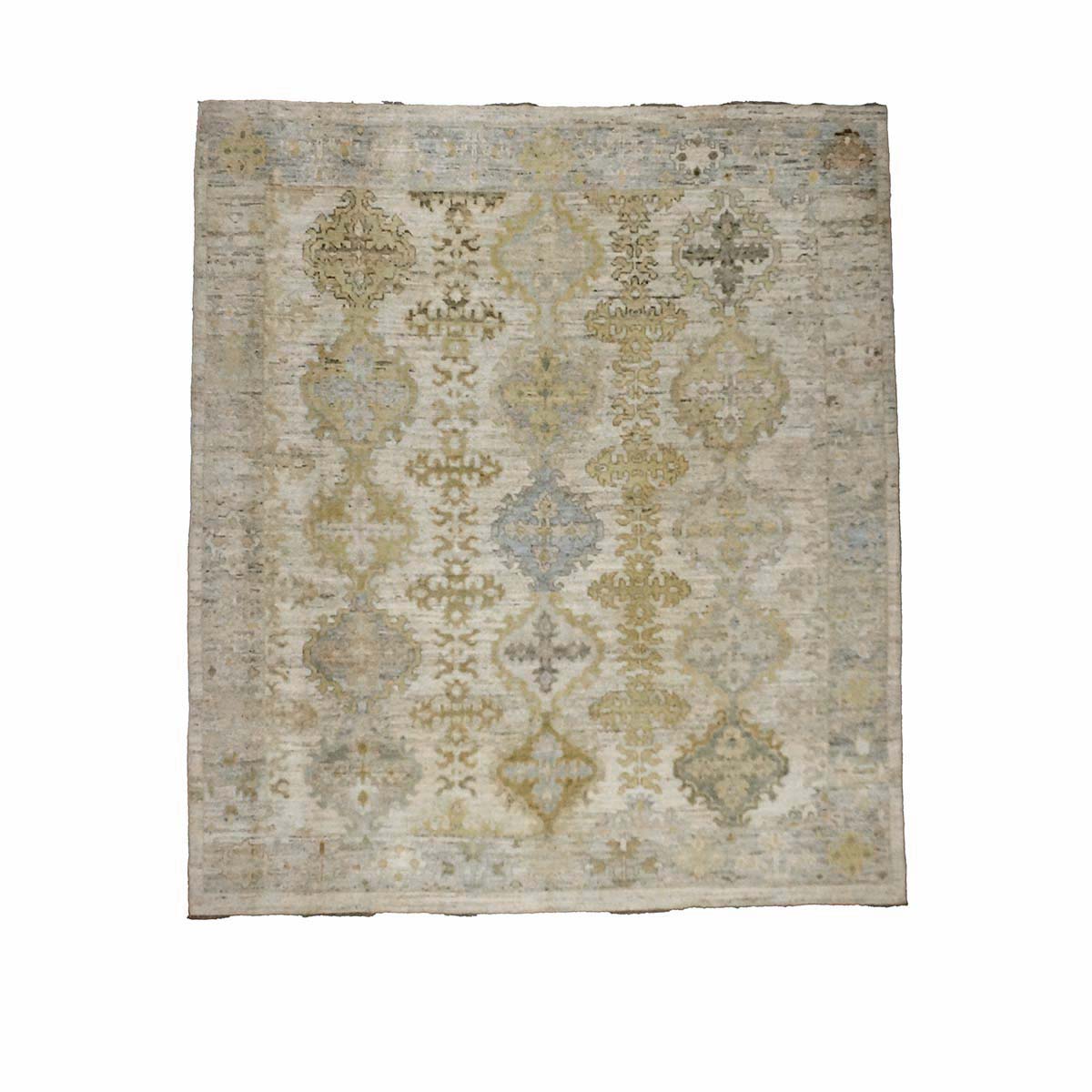 21st Century Turkish Oushak Wool 9X13 Ivory, Teal & Gold Handmade Area Rug #1144087