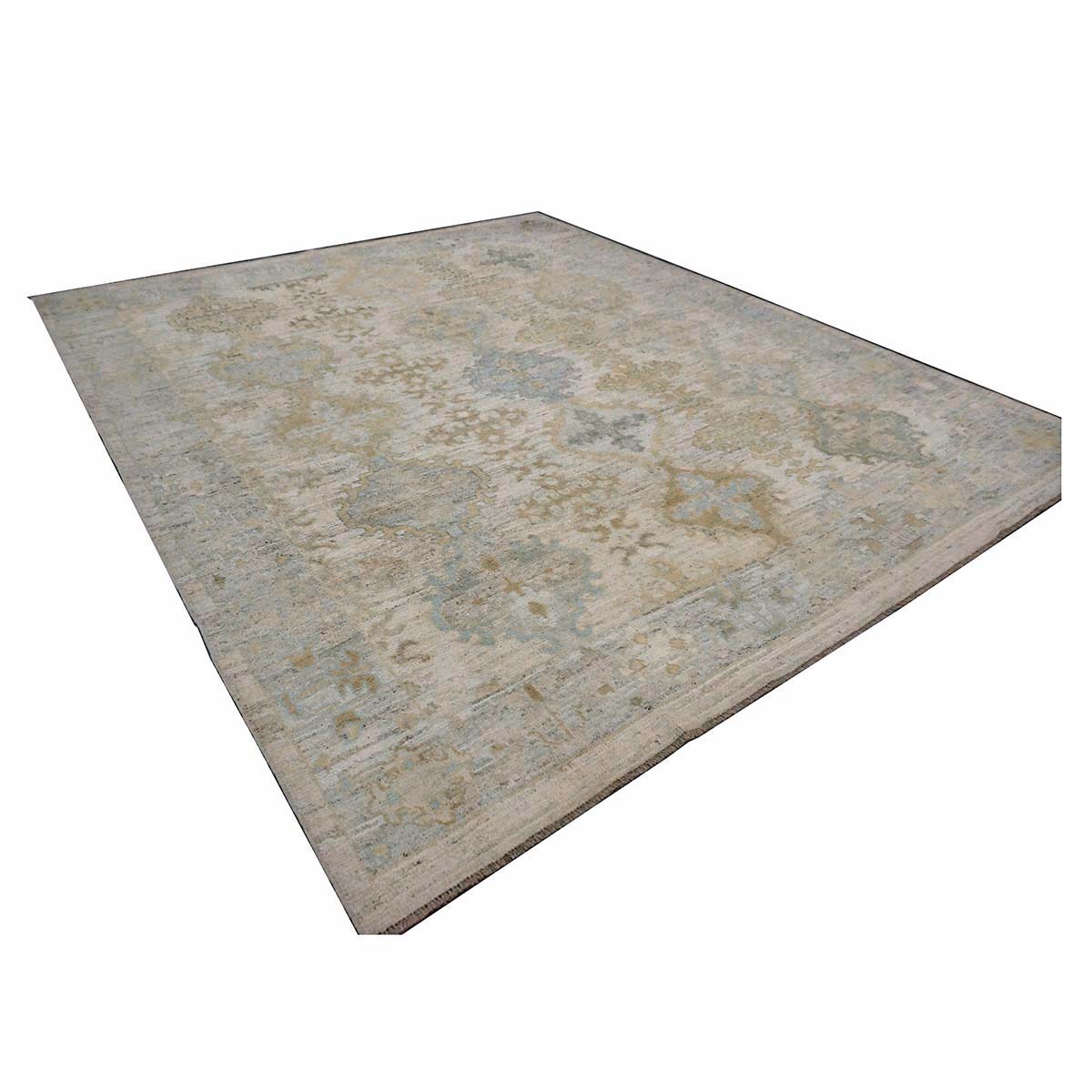 21st Century Turkish Oushak Wool 9X13 Ivory, Teal & Gold Handmade Area Rug #1144087