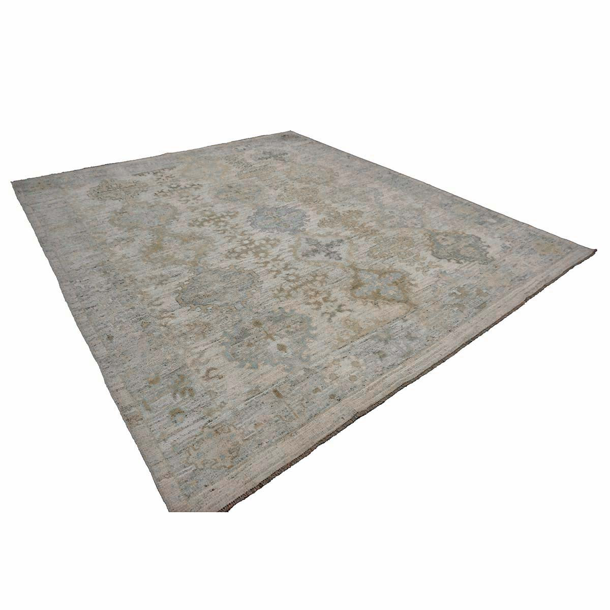 21st Century Turkish Oushak Wool 9X13 Ivory, Teal & Gold Handmade Area Rug #1144087
