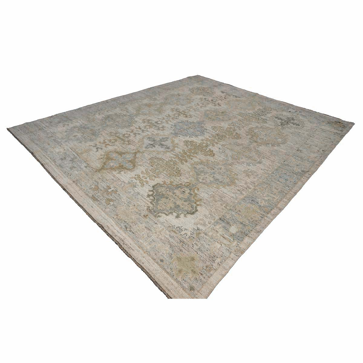 21st Century Turkish Oushak Wool 9X13 Ivory, Teal & Gold Handmade Area Rug #1144087