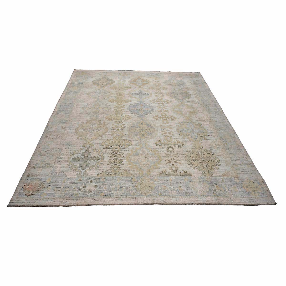 21st Century Turkish Oushak Wool 9X13 Ivory, Teal & Gold Handmade Area Rug #1144087