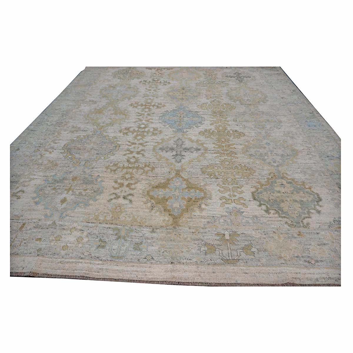 21st Century Turkish Oushak Wool 9X13 Ivory, Teal & Gold Handmade Area Rug #1144087