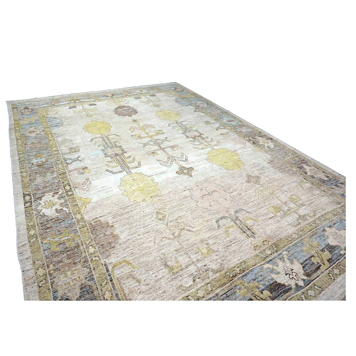 21st Century Turkish Oushak Wool 10x13 Ivory, Grey and Yellow Handmade Area Rug #1144125