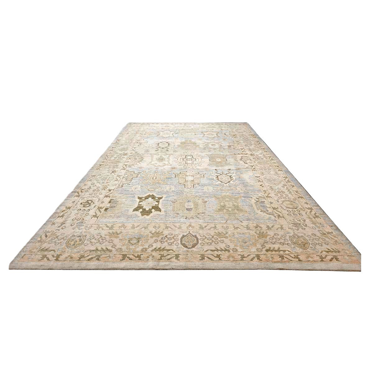 21st Century Turkish Oushak Wool 11X17 Gold, Gray & Slate Blue Handmade Area Rug #1144131