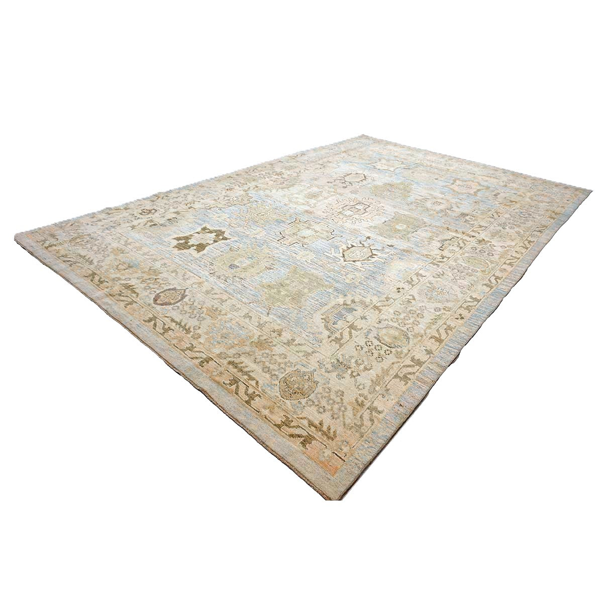 21st Century Turkish Oushak Wool 11X17 Gold, Gray & Slate Blue Handmade Area Rug #1144131