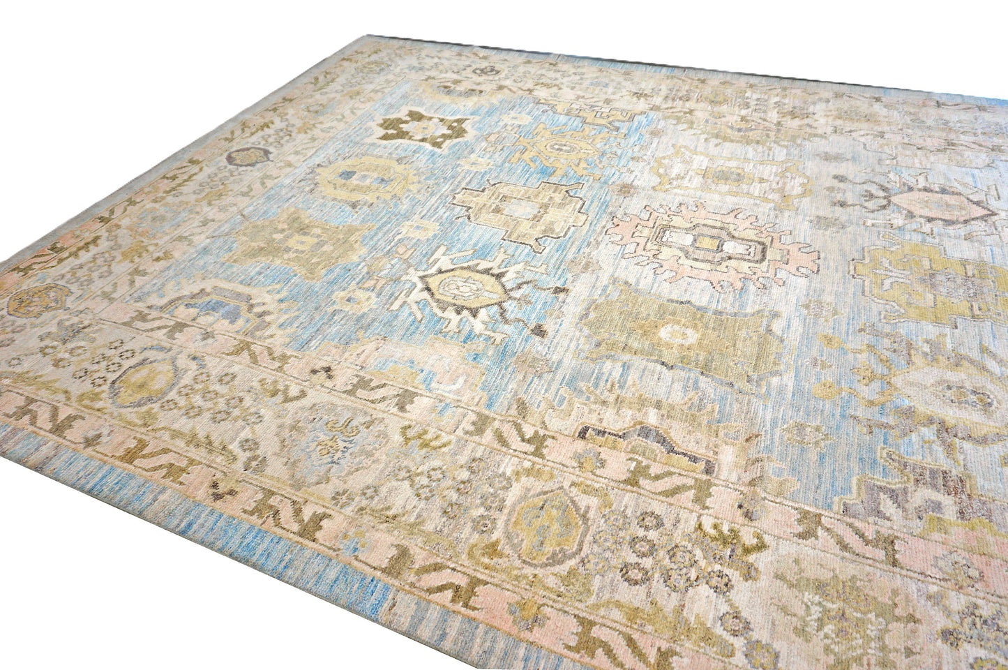 21st Century Turkish Oushak Wool 11X17 Gold, Gray & Slate Blue Handmade Area Rug #1144131