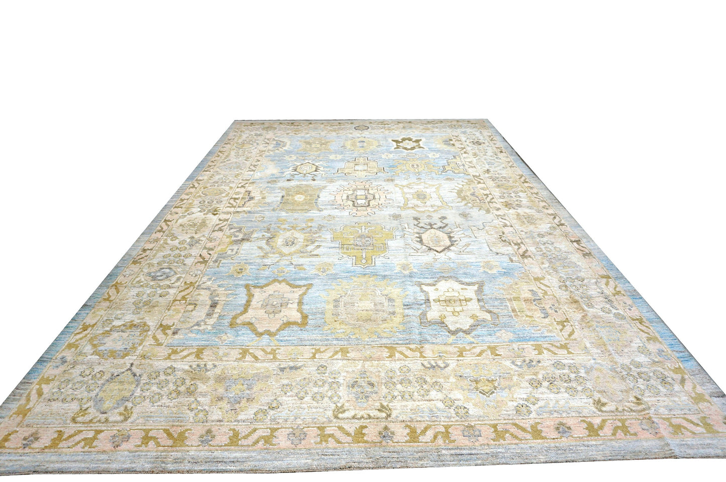 21st Century Turkish Oushak Wool 11X17 Gold, Gray & Slate Blue Handmade Area Rug #1144131