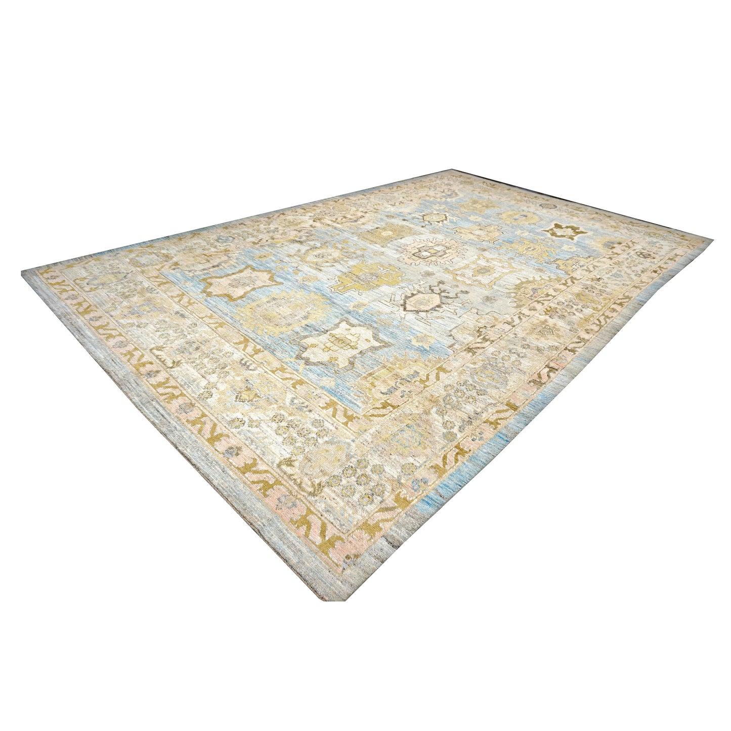 21st Century Turkish Oushak Wool 11X17 Gold, Gray & Slate Blue Handmade Area Rug #1144131