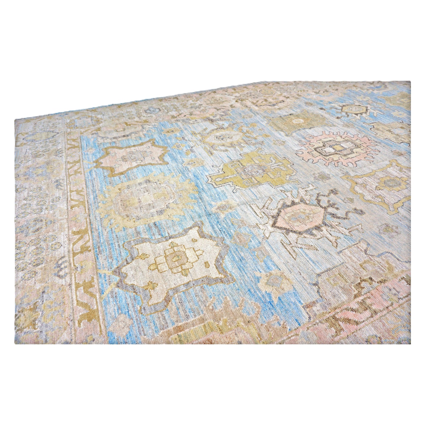 21st Century Turkish Oushak Wool 11X17 Gold, Gray & Slate Blue Handmade Area Rug #1144131