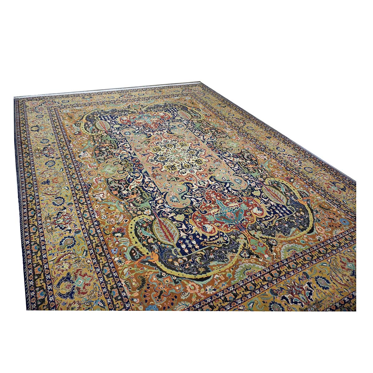 Antique Persian Tabriz Gallat Wool 10x13 Camel & Blue Handmade Area Rug #1144147