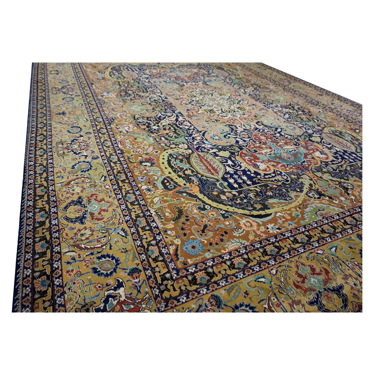Antique Persian Tabriz Gallat Wool 10x13 Camel & Blue Handmade Area Rug #1144147