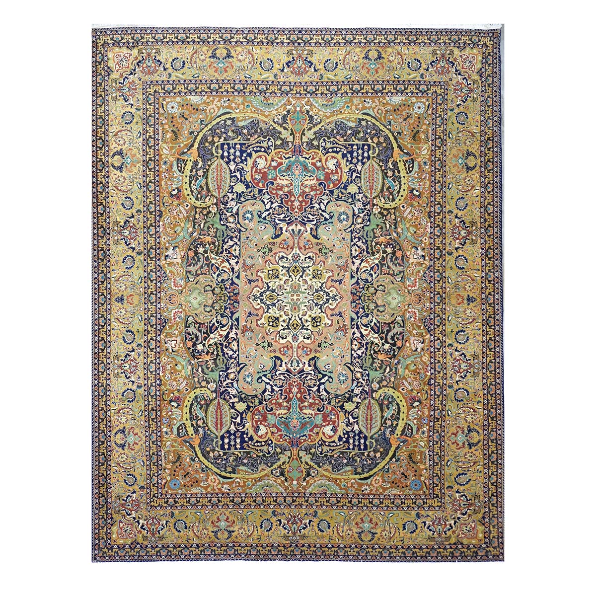 Antique Persian Tabriz Gallat Wool 10x13 Camel & Blue Handmade Area Rug #1144147