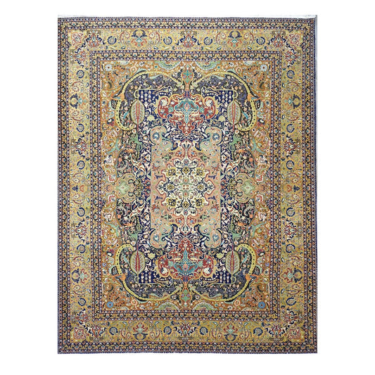 Antique Persian Tabriz Gallat Wool 10x13 Camel & Blue Handmade Area Rug #1144147