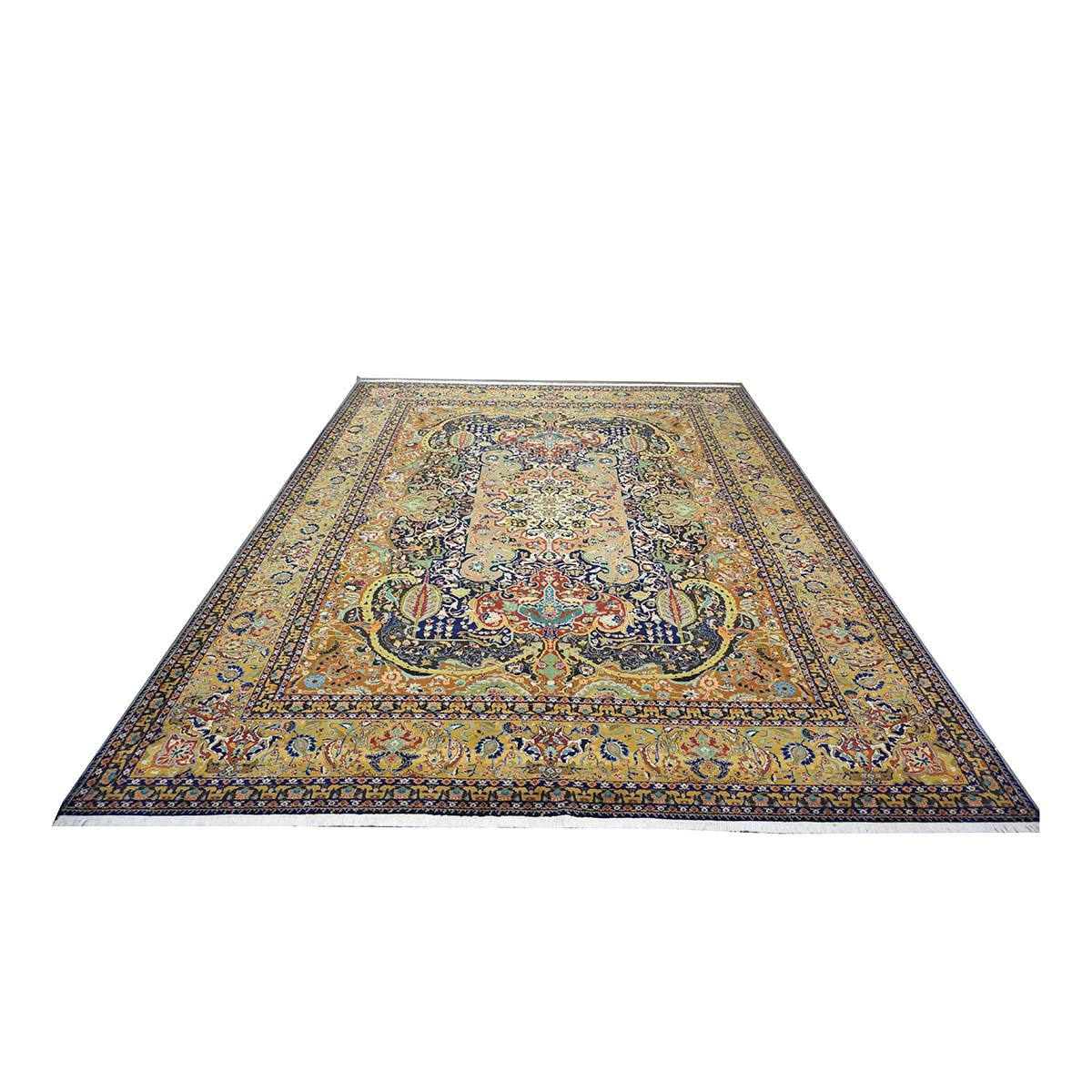 Antique Persian Tabriz Gallat Wool 10x13 Camel & Blue Handmade Area Rug #1144147