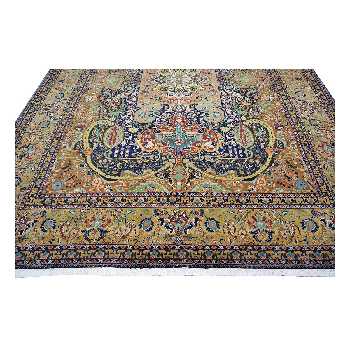 Antique Persian Tabriz Gallat Wool 10x13 Camel & Blue Handmade Area Rug #1144147