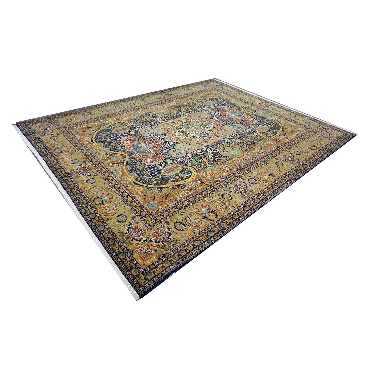 Antique Persian Tabriz Gallat Wool 10x13 Camel & Blue Handmade Area Rug #1144147