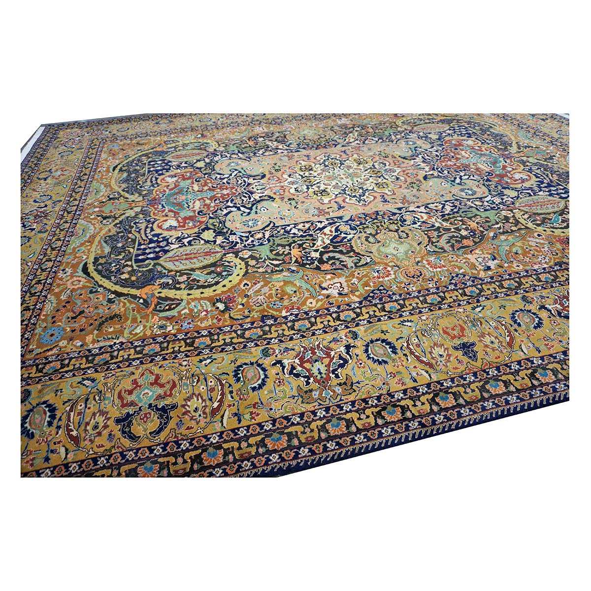 Antique Persian Tabriz Gallat Wool 10x13 Camel & Blue Handmade Area Rug #1144147
