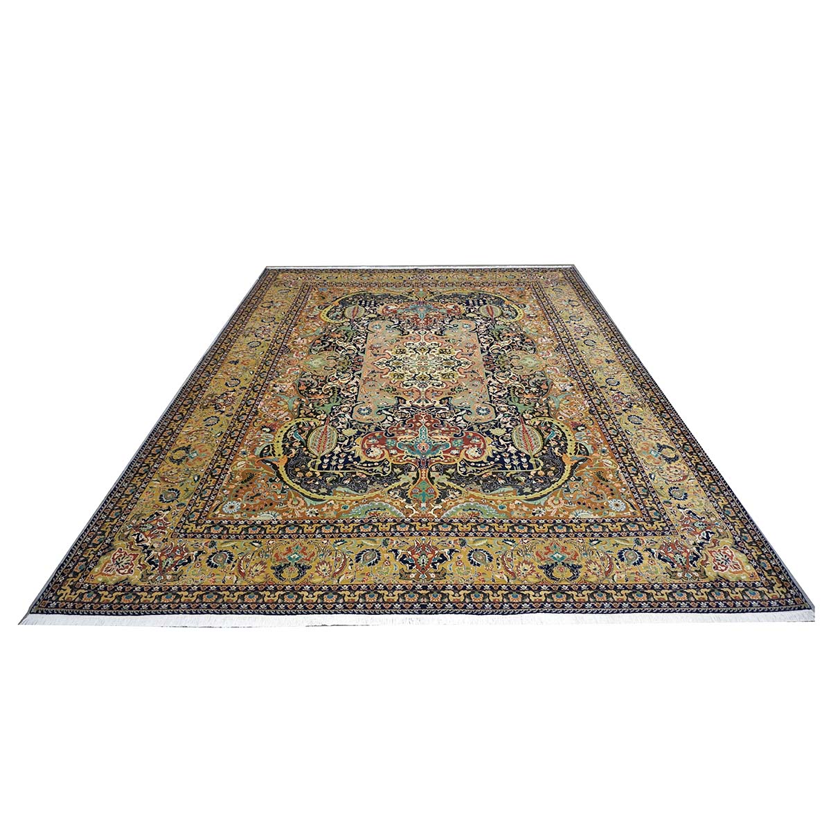 Antique Persian Tabriz Gallat Wool 10x13 Camel & Blue Handmade Area Rug #1144147