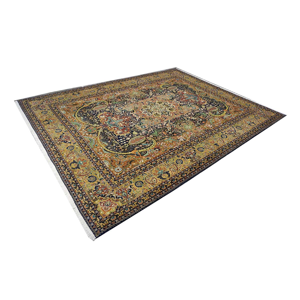 Antique Persian Tabriz Gallat Wool 10x13 Camel & Blue Handmade Area Rug #1144147