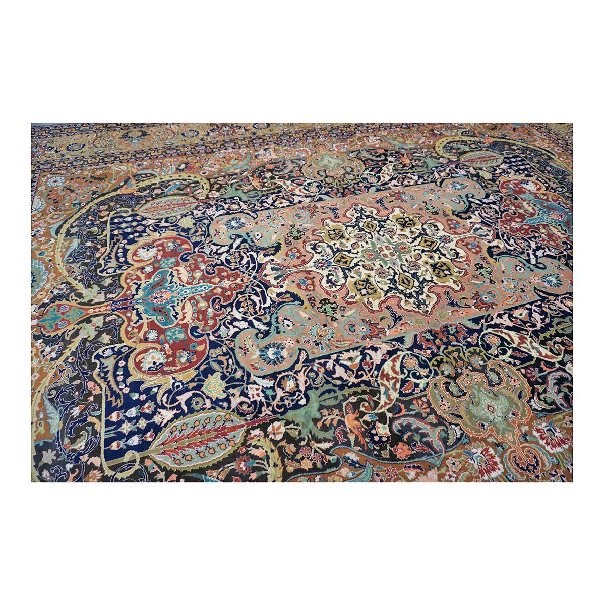 Antique Persian Tabriz Gallat Wool 10x13 Camel & Blue Handmade Area Rug #1144147