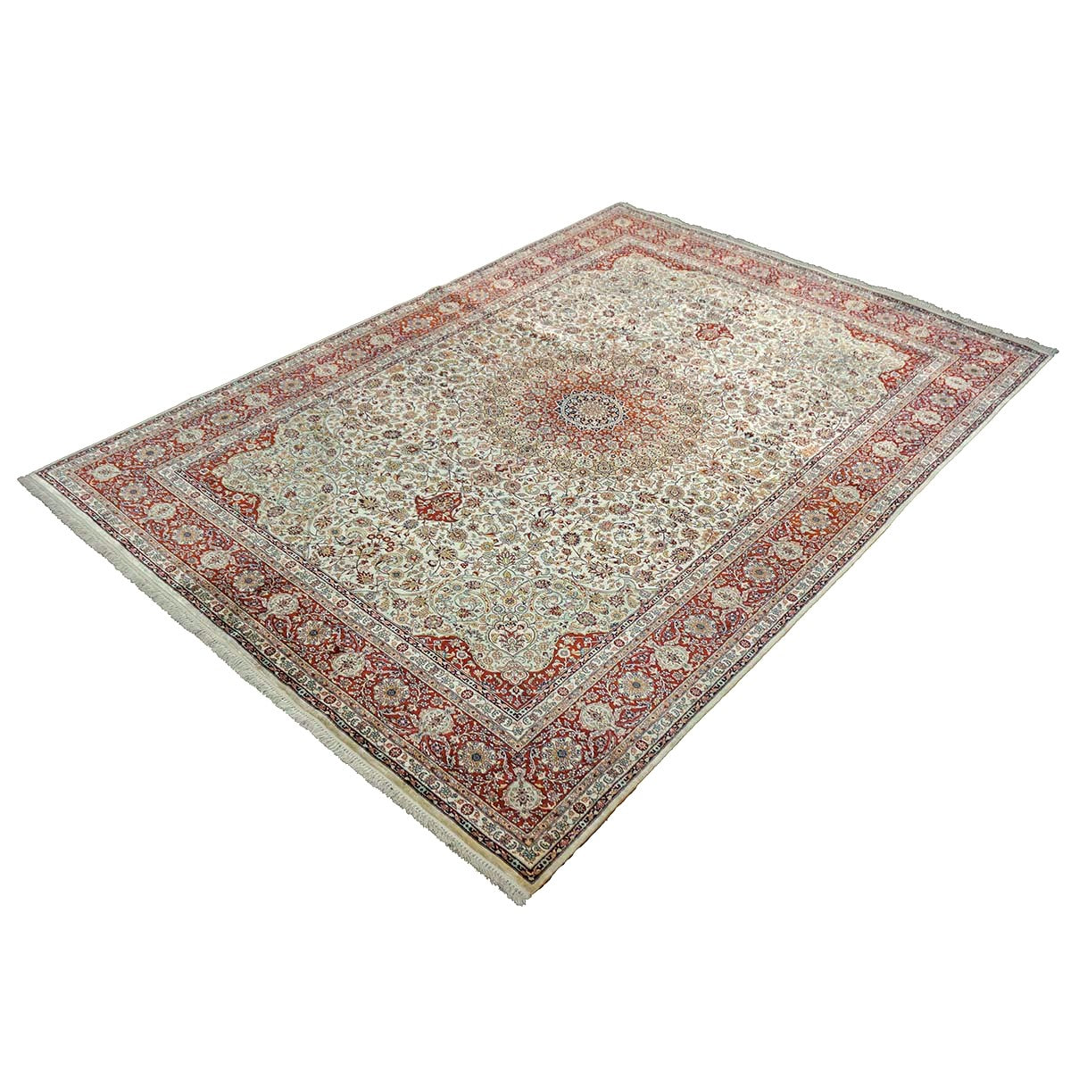 Vintage Turkish Hereke Silk 6x8 Ivory & Red Handmade Area Rug #1144155