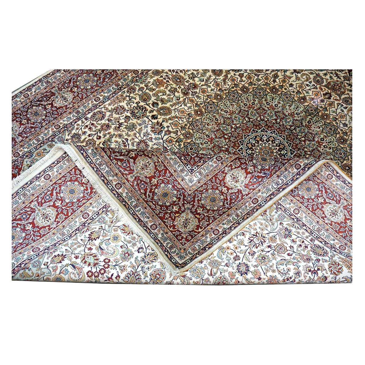 Vintage Turkish Hereke Silk 6x8 Ivory & Red Handmade Area Rug #1144155