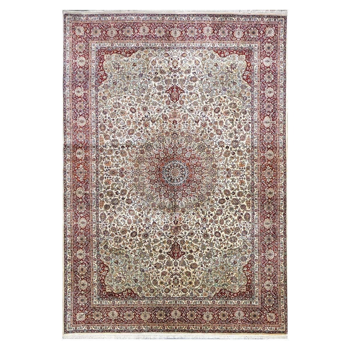 Vintage Turkish Hereke Silk 6x8 Ivory & Red Handmade Area Rug #1144155