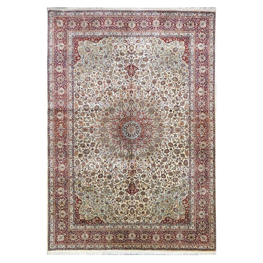 Vintage Turkish Hereke Silk 6x8 Ivory & Red Handmade Area Rug #1144155