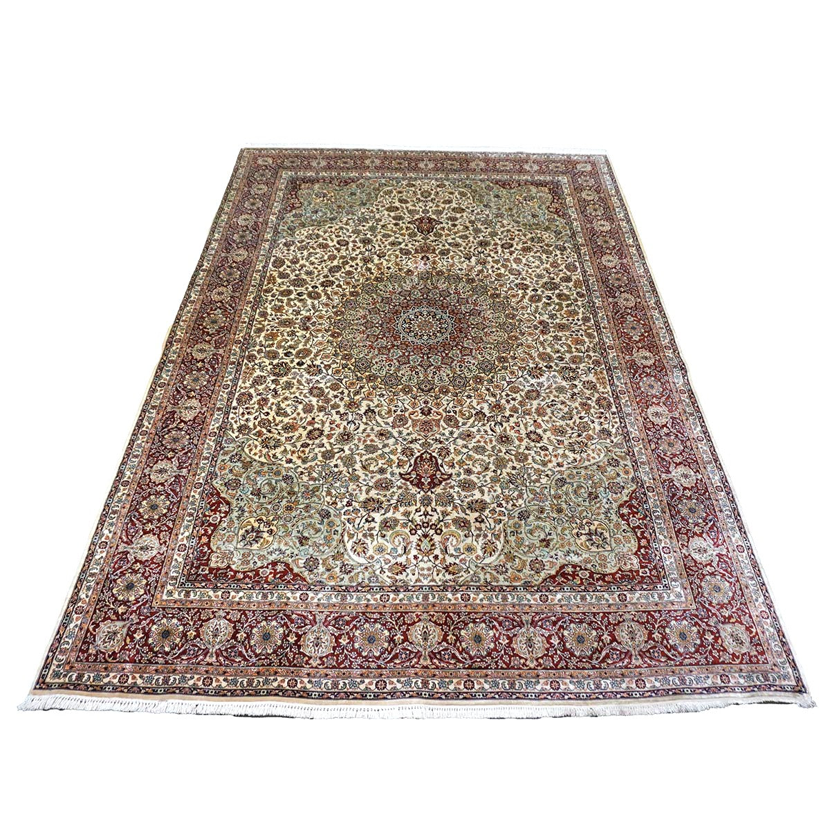 Vintage Turkish Hereke Silk 6x8 Ivory & Red Handmade Area Rug #1144155