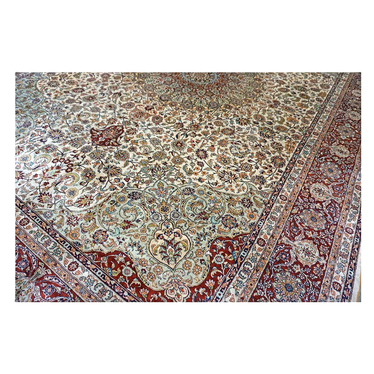 Vintage Turkish Hereke Silk 6x8 Ivory & Red Handmade Area Rug #1144155