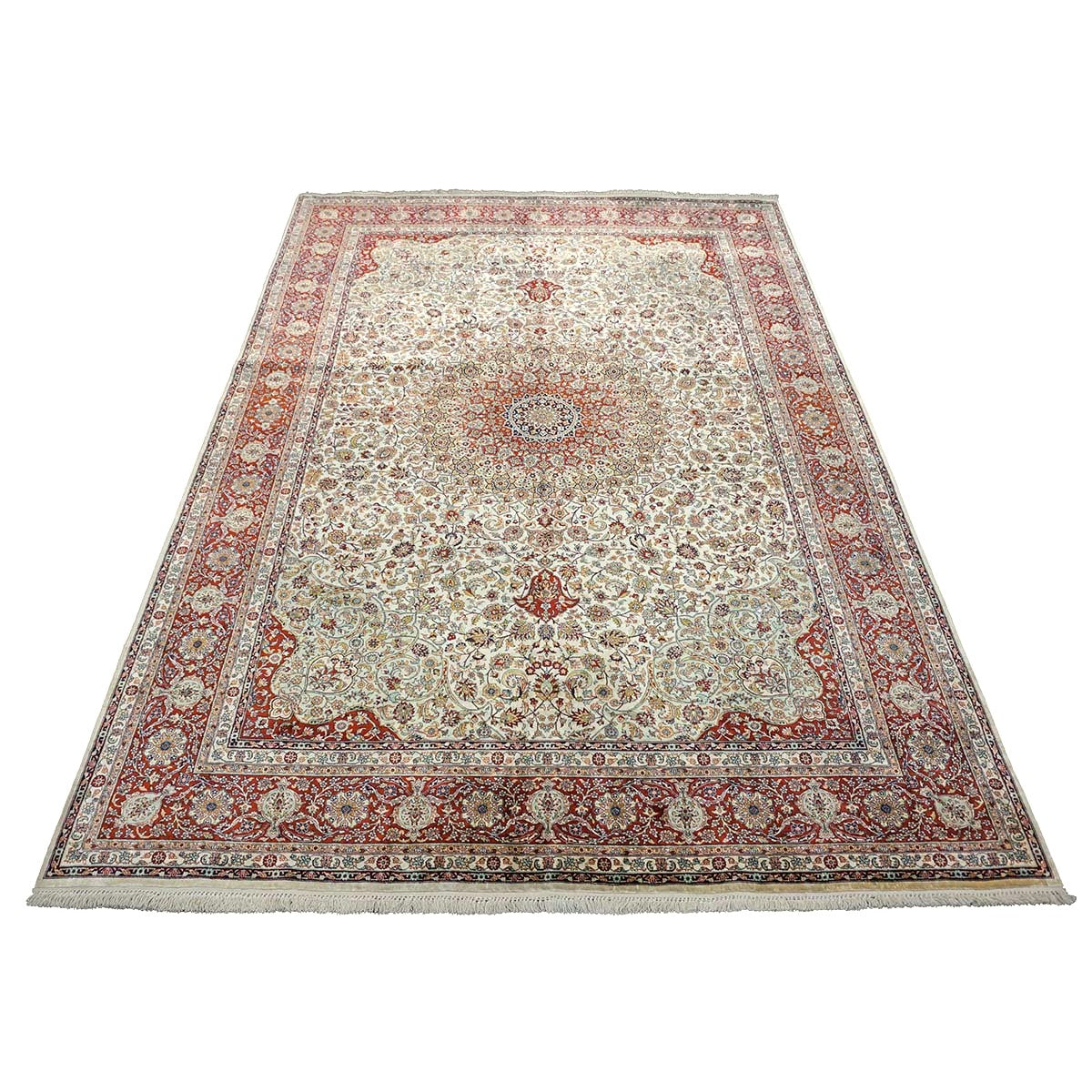 Vintage Turkish Hereke Silk 6x8 Ivory & Red Handmade Area Rug #1144155