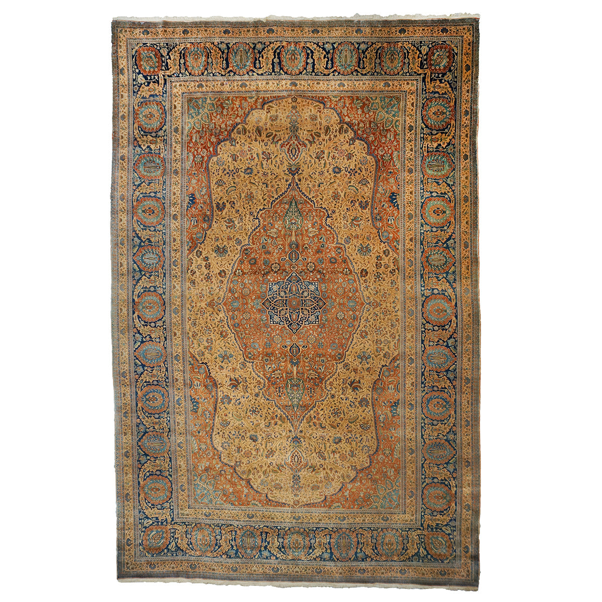 Antique Persian Mohtasham Kashan Wool 11x17 Camel, Tan & Navy Handmade Area Rug #1144157