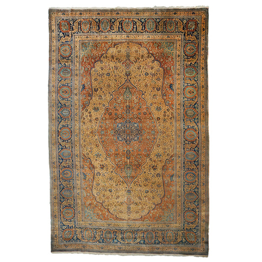 Antique Persian Mohtasham Kashan Wool 11x17 Camel, Tan & Navy Handmade Area Rug #1144157