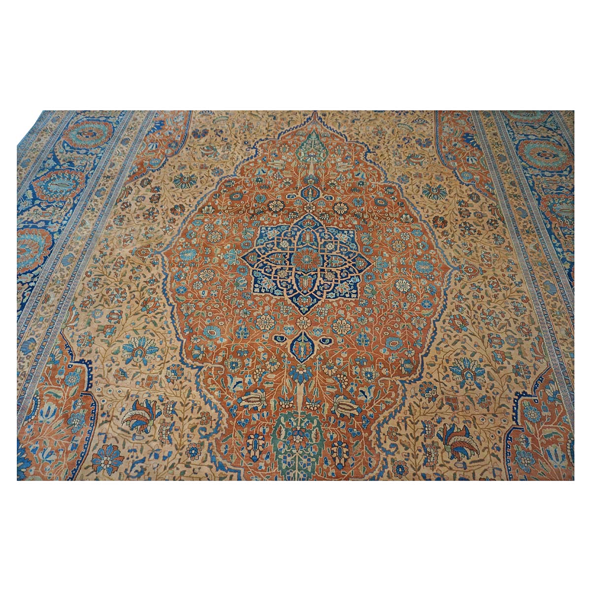 Antique Persian Mohtasham Kashan Wool 11x17 Camel, Tan & Navy Handmade Area Rug #1144157