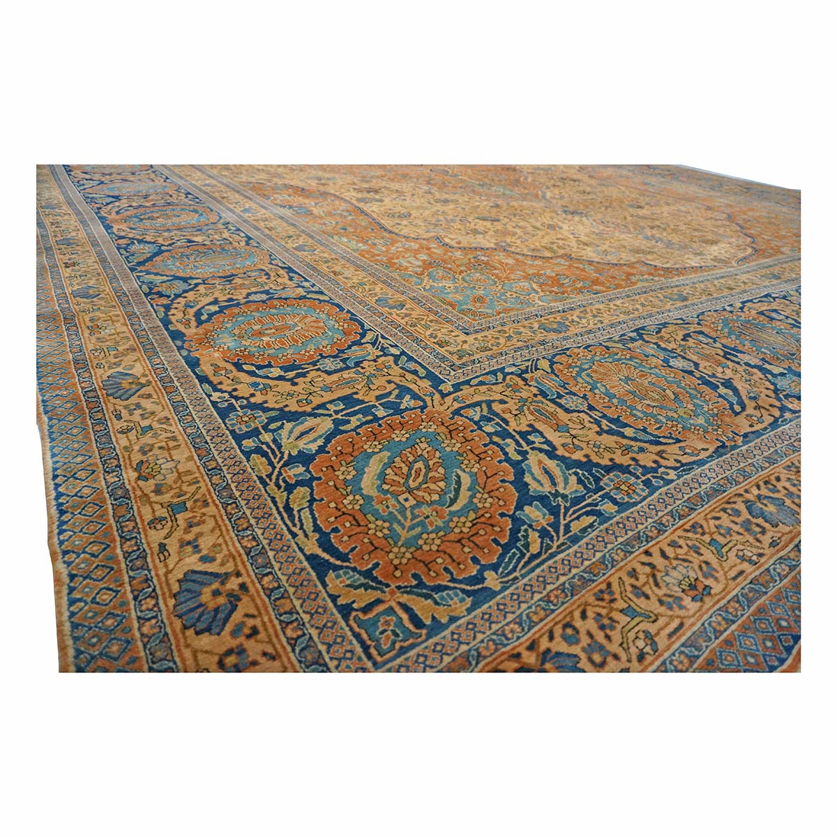 Antique Persian Mohtasham Kashan Wool 11x17 Camel, Tan & Navy Handmade Area Rug #1144157