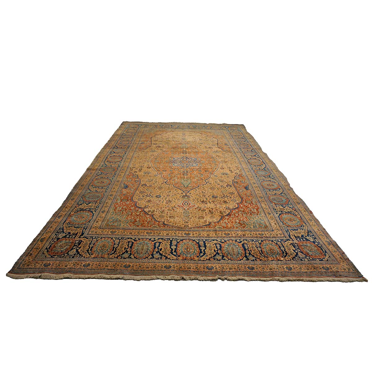Antique Persian Mohtasham Kashan Wool 11x17 Camel, Tan & Navy Handmade Area Rug #1144157