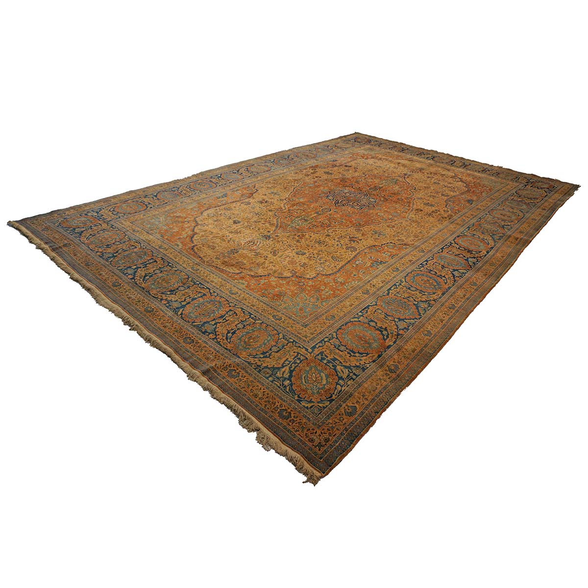Antique Persian Mohtasham Kashan Wool 11x17 Camel, Tan & Navy Handmade Area Rug #1144157