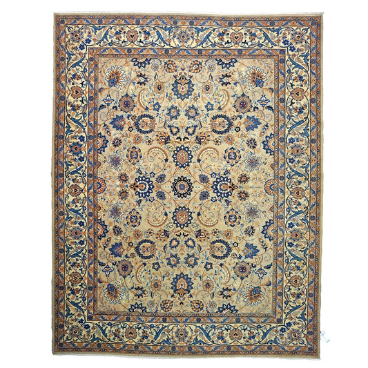 Vintage Persian Kashan Wool 8x10 Light Green, Camel & Ivory Handmade Area Rug #1144159