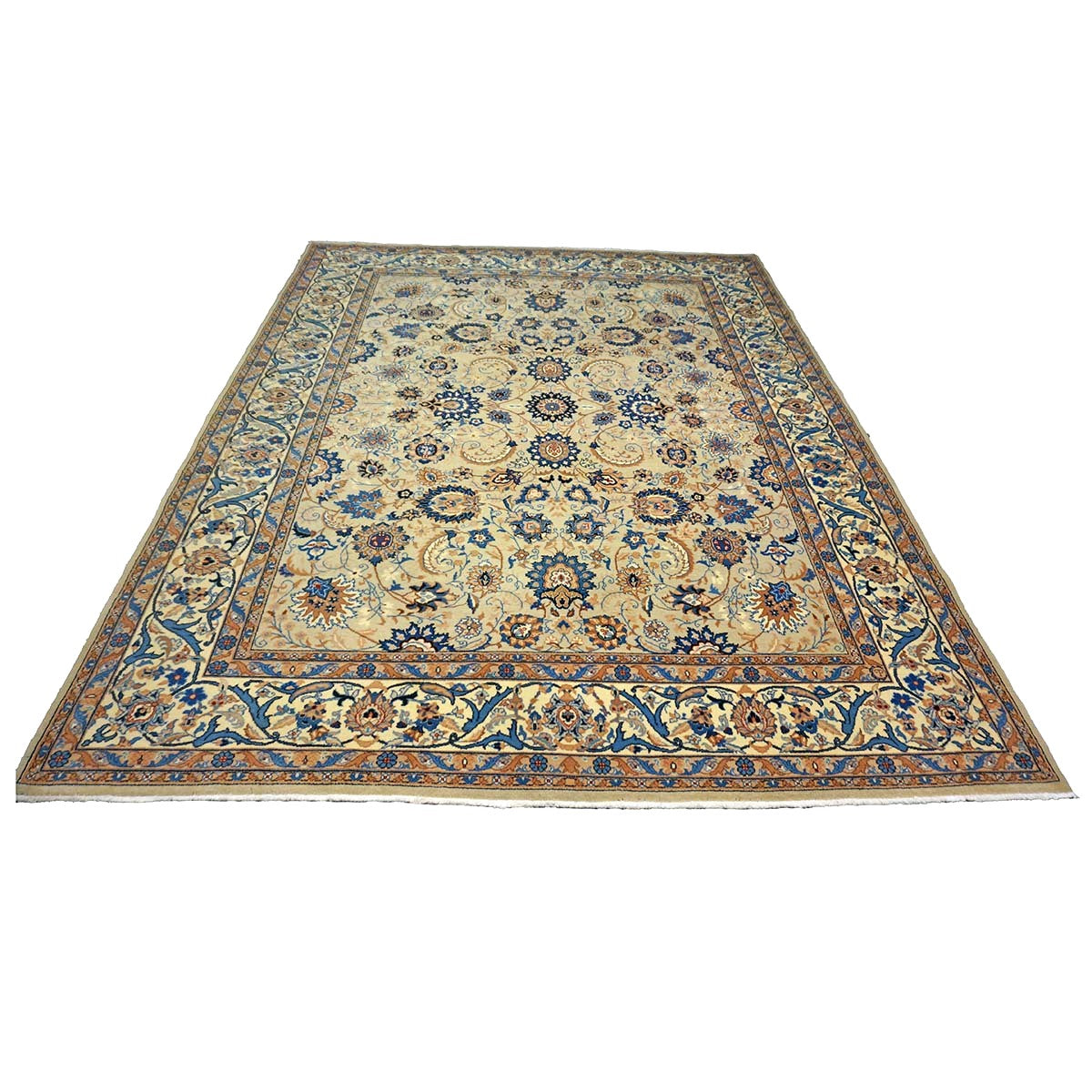 Vintage Persian Kashan Wool 8x10 Light Green, Camel & Ivory Handmade Area Rug #1144159