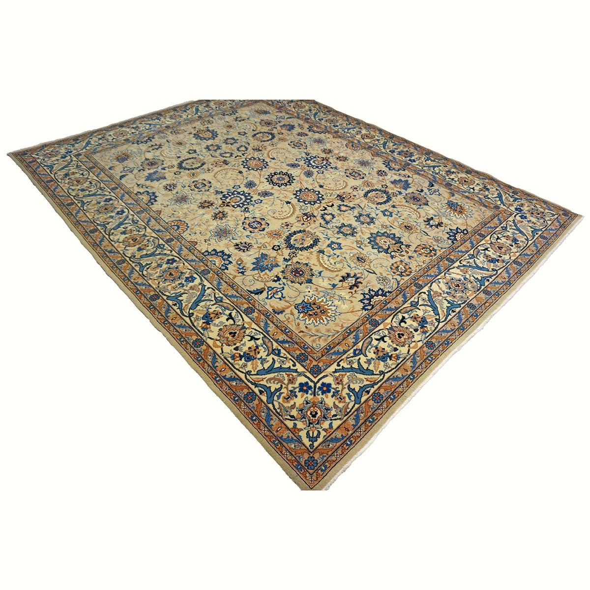 Vintage Persian Kashan Wool 8x10 Light Green, Camel & Ivory Handmade Area Rug #1144159