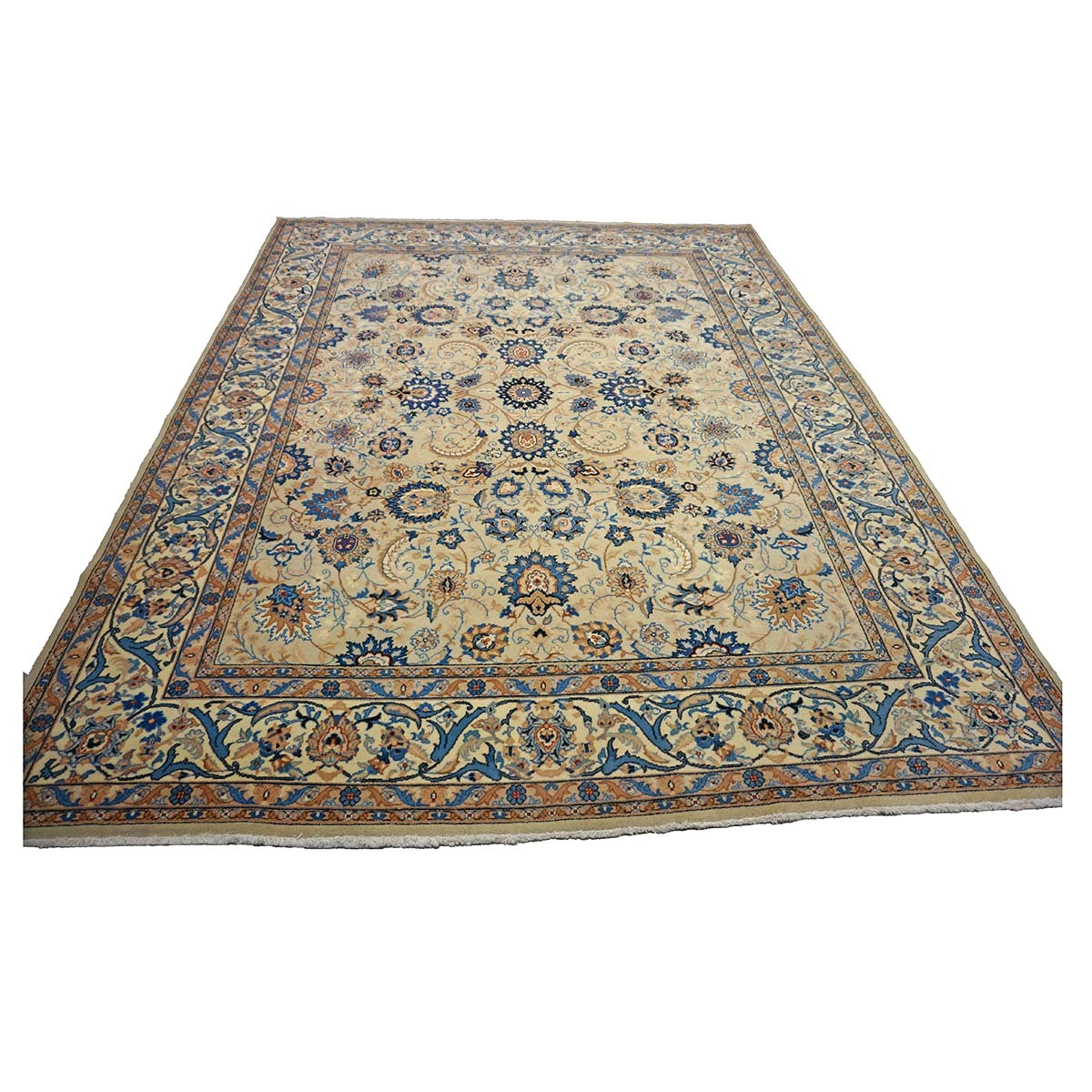 Vintage Persian Kashan Wool 8x10 Light Green, Camel & Ivory Handmade Area Rug #1144159
