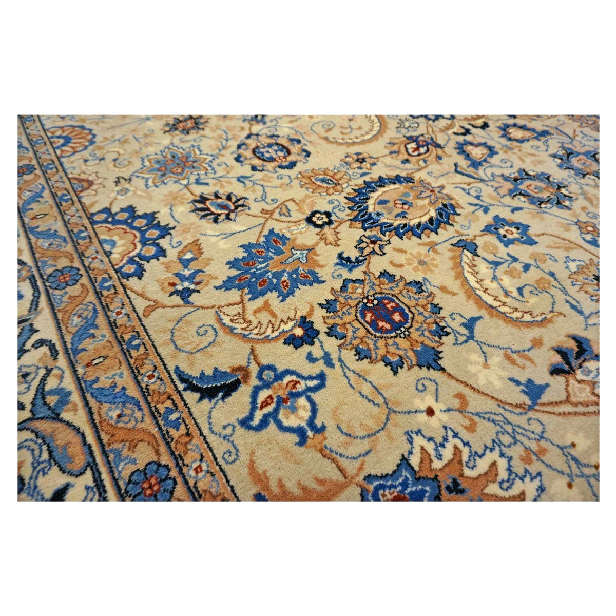 Vintage Persian Kashan Wool 8x10 Light Green, Camel & Ivory Handmade Area Rug #1144159