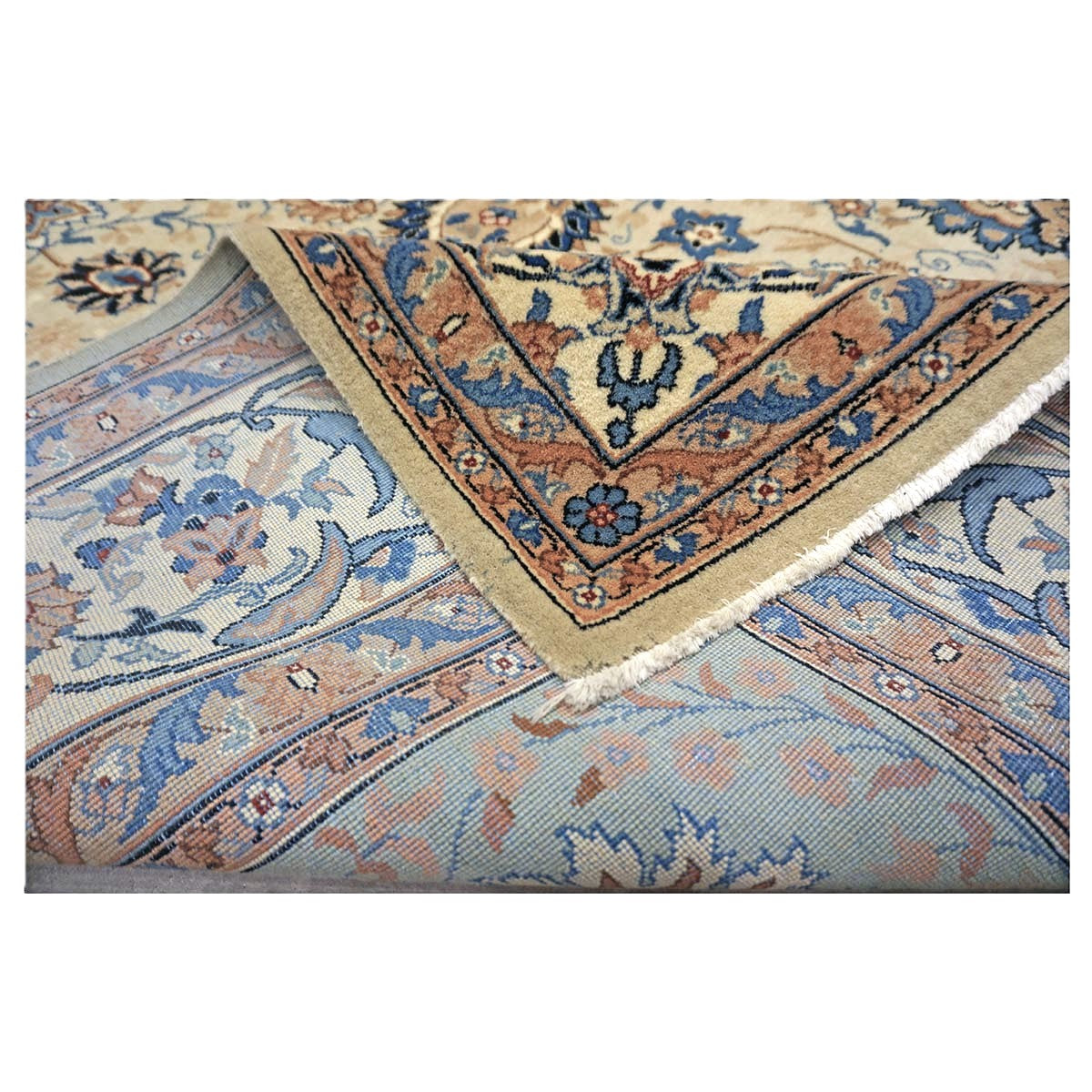 Vintage Persian Kashan Wool 8x10 Light Green, Camel & Ivory Handmade Area Rug #1144159