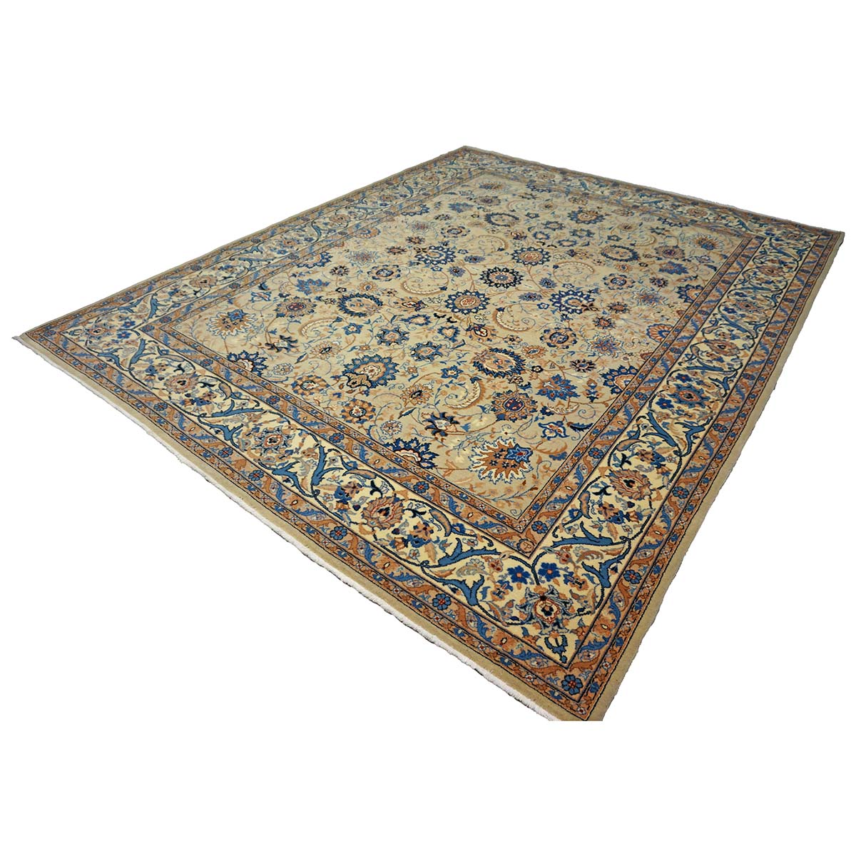 Vintage Persian Kashan Wool 8x10 Light Green, Camel & Ivory Handmade Area Rug #1144159