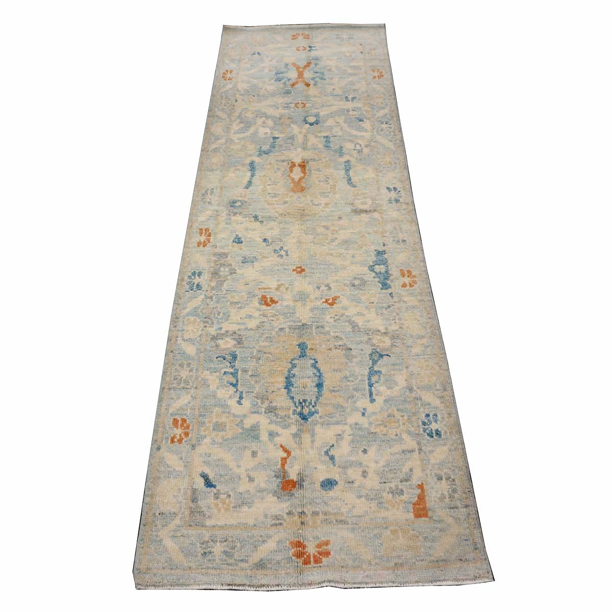 Turkish Sultanabad Wool 3x8 Tan & Light Blue Handmade Runner Rug #1144164