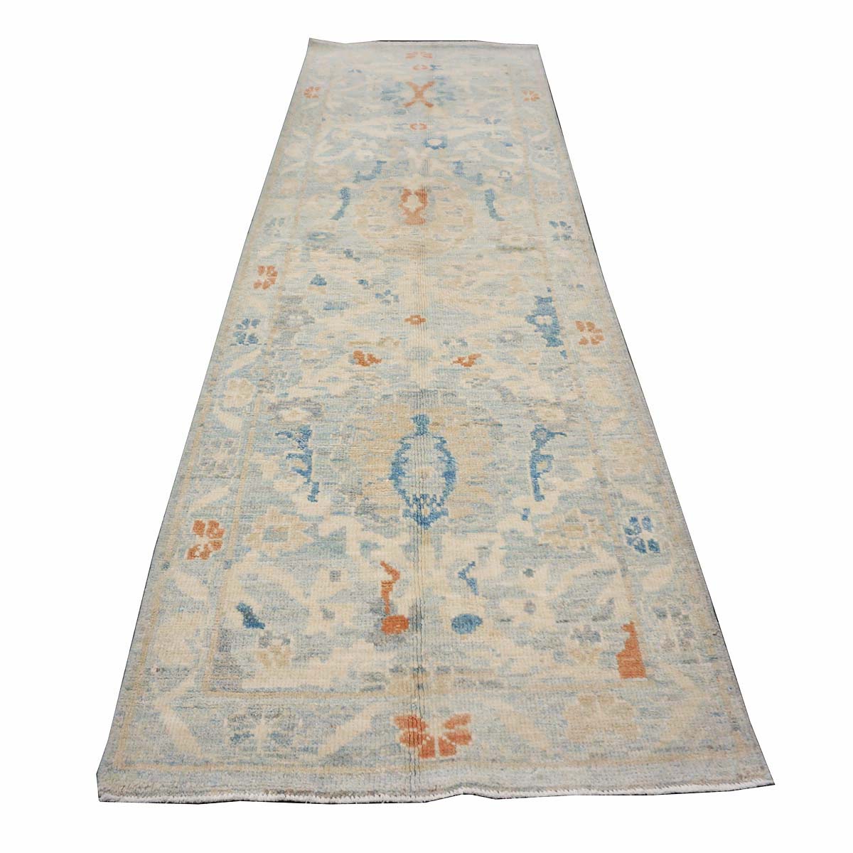 Turkish Sultanabad Wool 3x8 Tan & Light Blue Handmade Runner Rug #1144164