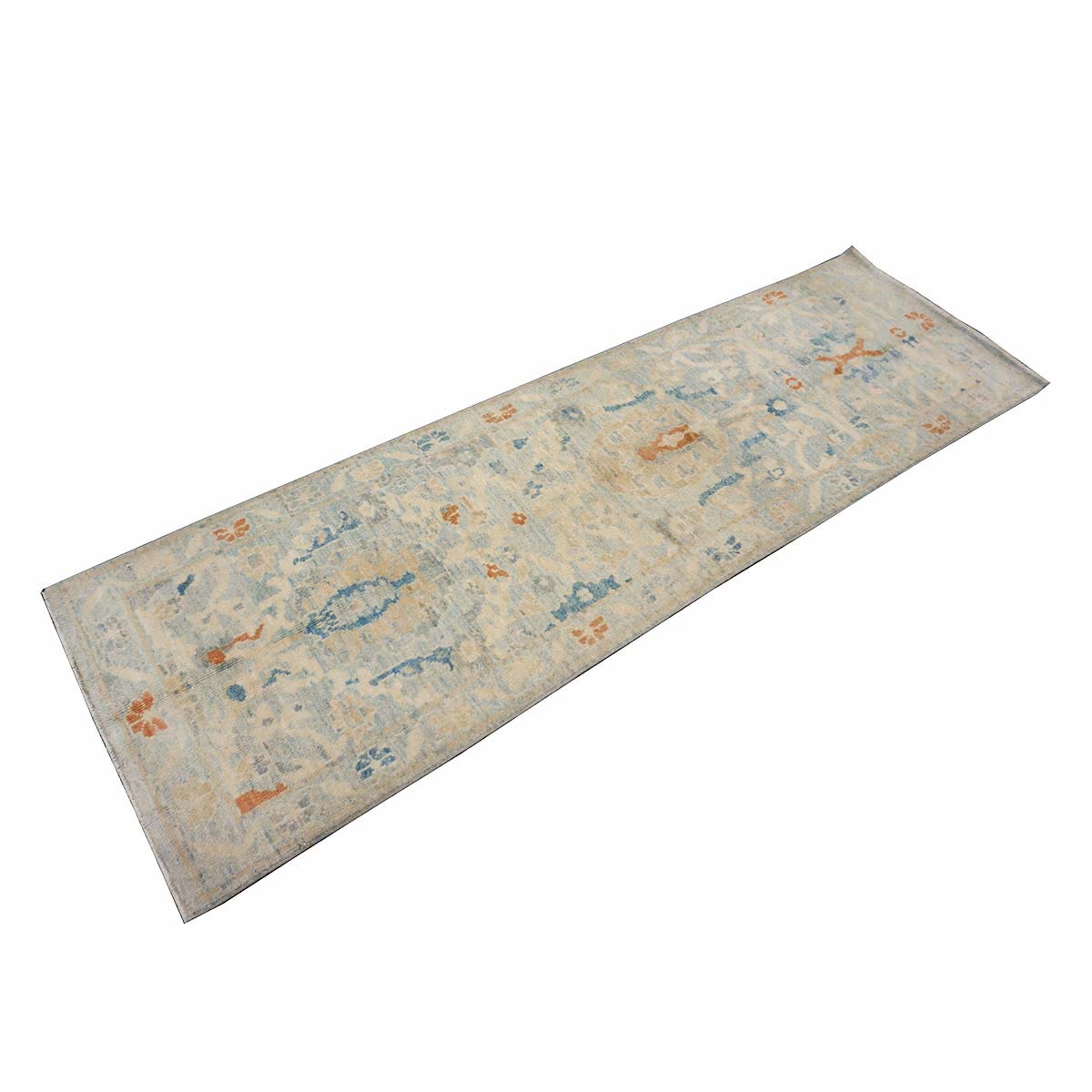 Turkish Sultanabad Wool 3x8 Tan & Light Blue Handmade Runner Rug #1144164