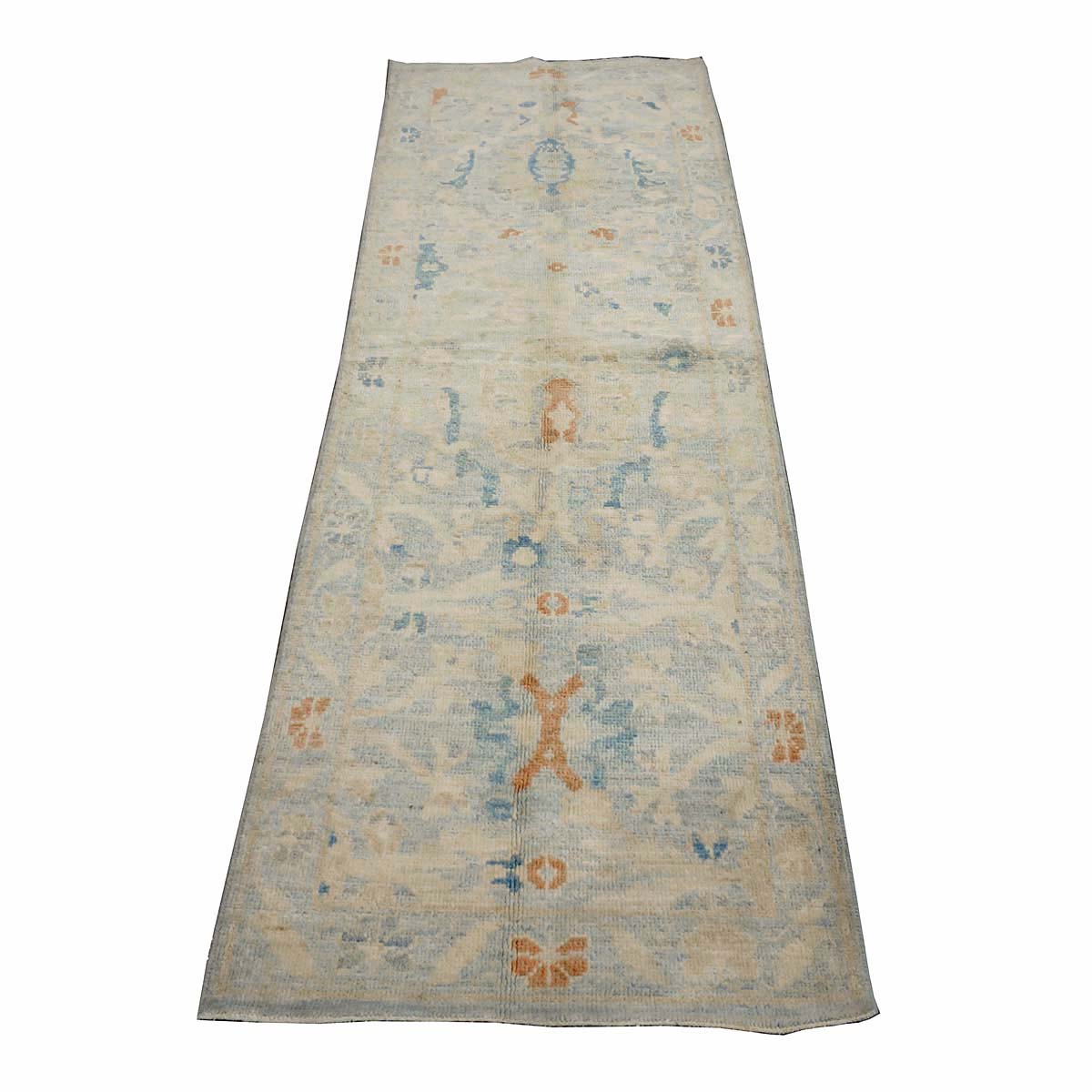 Turkish Sultanabad Wool 3x8 Tan & Light Blue Handmade Runner Rug #1144164
