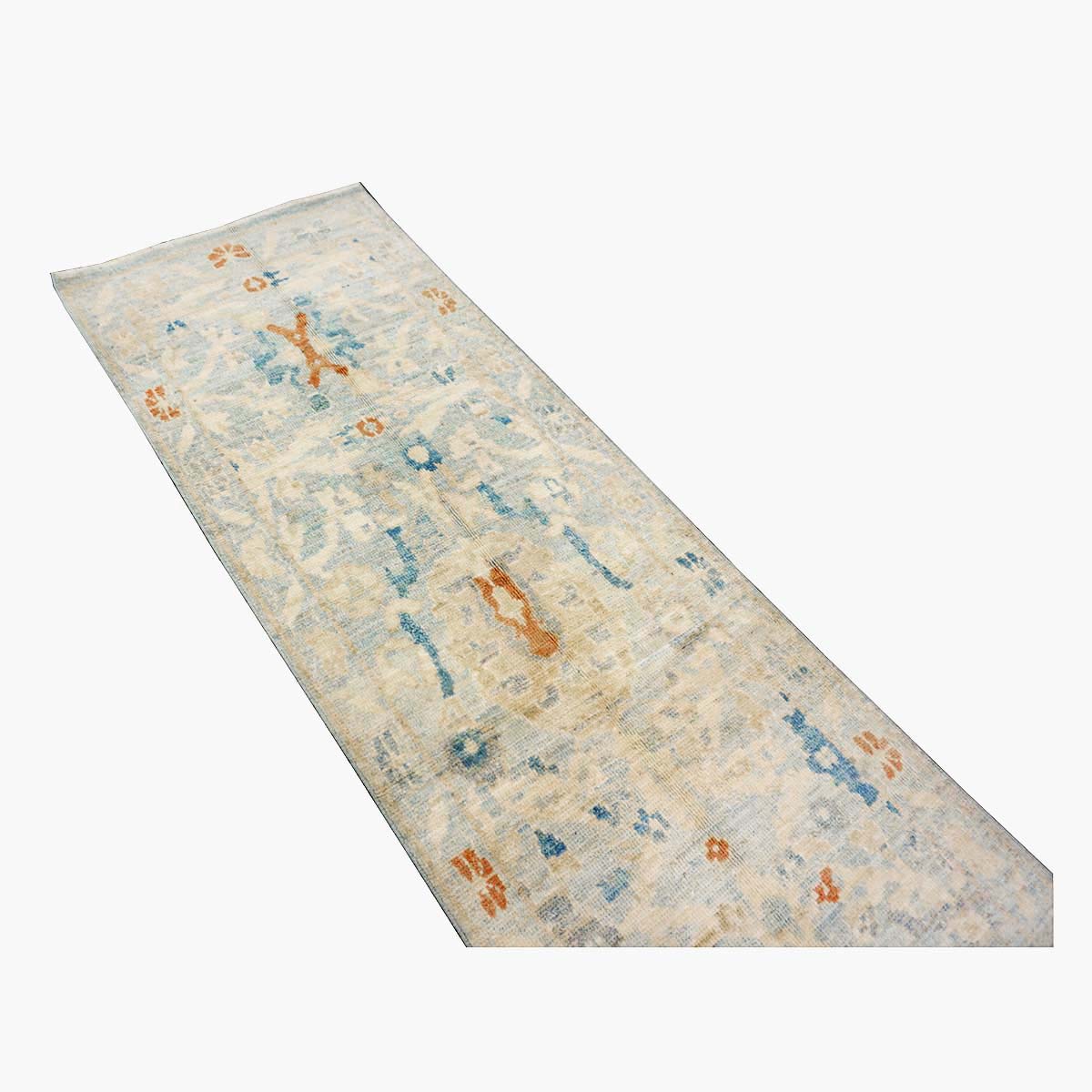 Turkish Sultanabad Wool 3x8 Tan & Light Blue Handmade Runner Rug #1144164